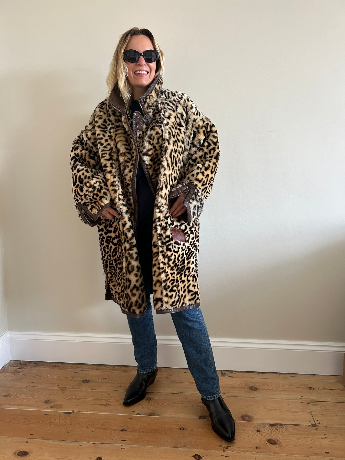 Vintage reversible leopard shearling car coat